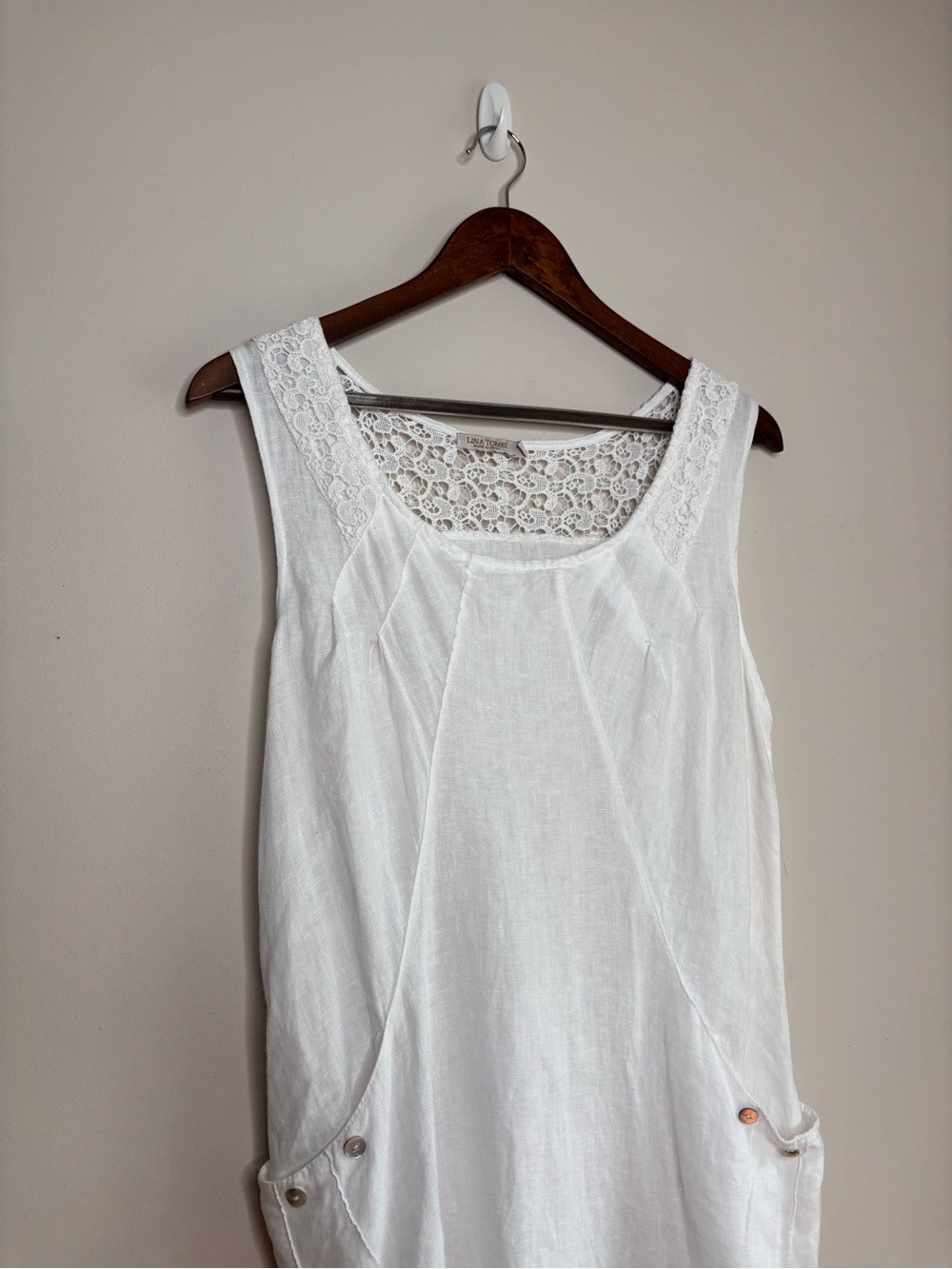 Lina Tomei White Linen Sleeveless Dress Lace Yoke Pockets Medium - Picture 9 of 9